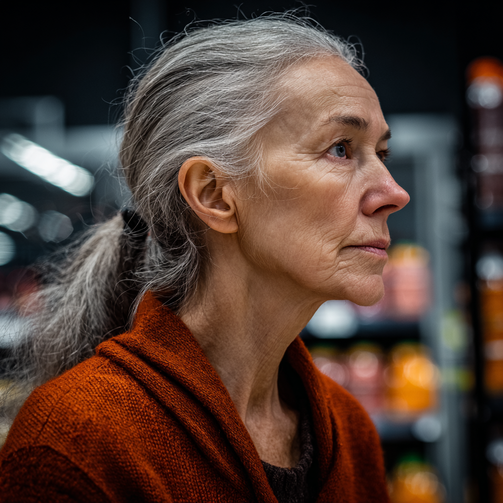 An exhausted older woman wearing an orange cardigan | Source: Midjourney