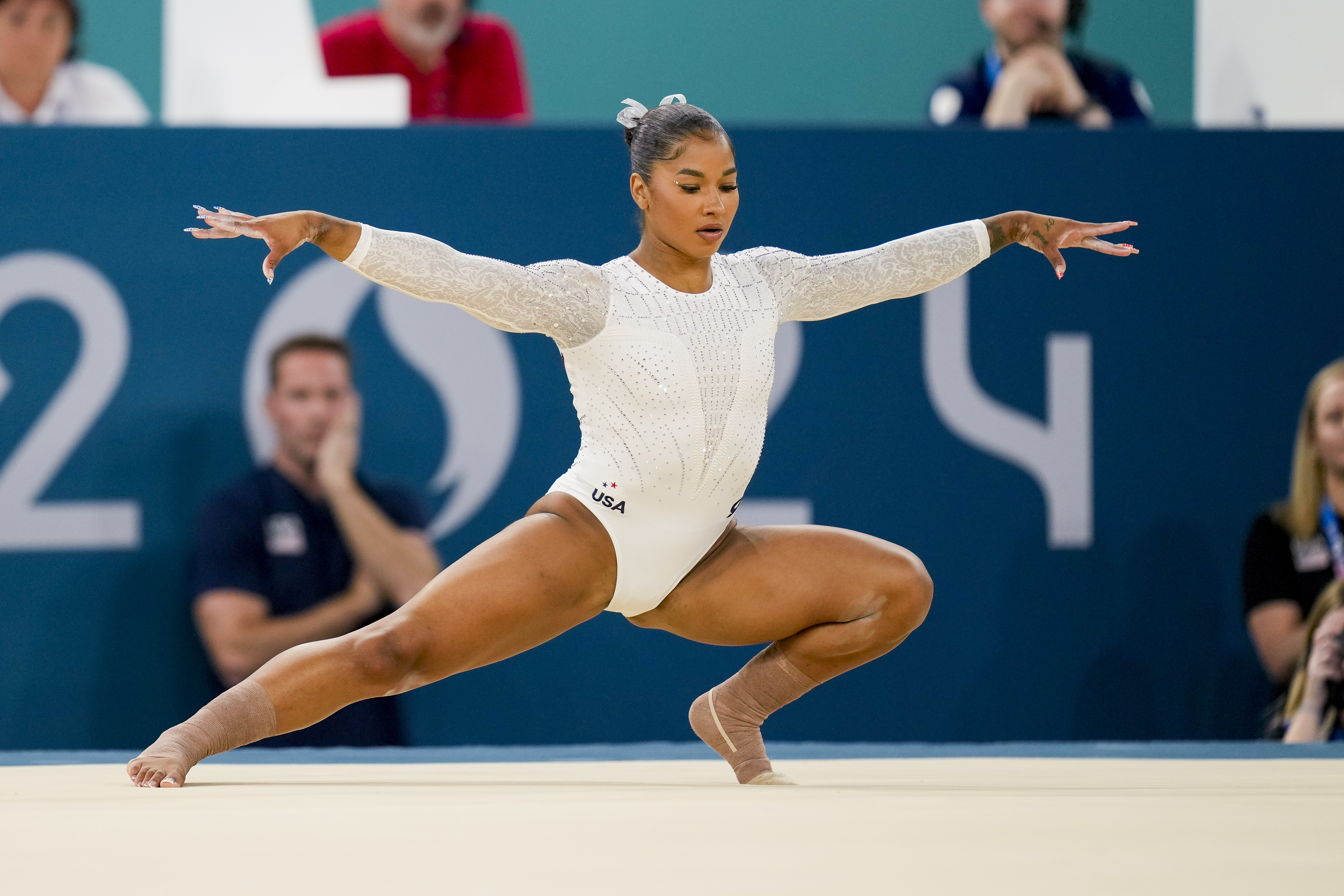 Jordan Chiles competes during the Women's Artistic Gymnastics Floor Exercise Final on Day 10 of the Olympic Games Paris 2024 at Bercy Arena on August 5, 2024 in Paris, France | Source: Getty Images