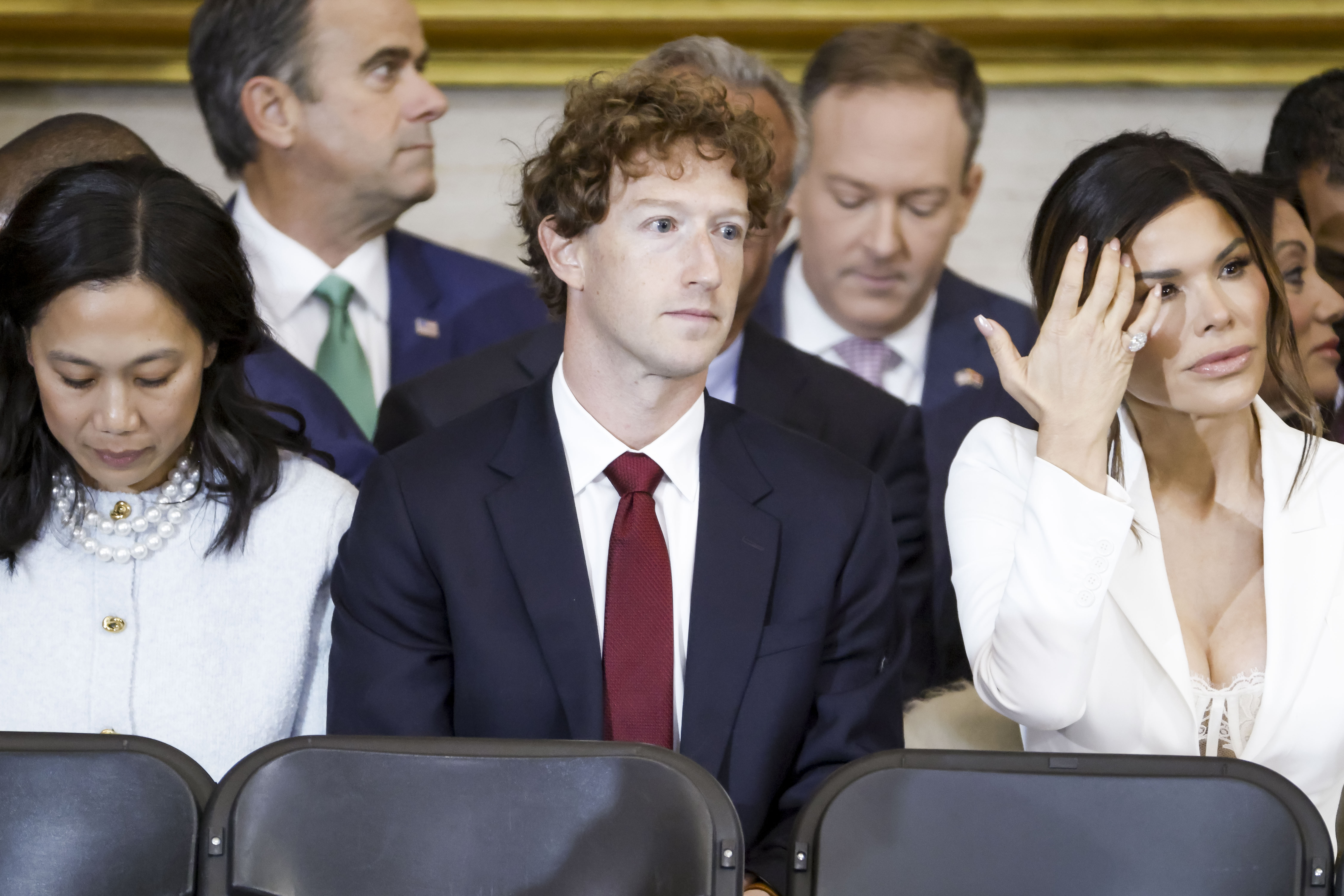 Priscilla Chan, Mark Zuckerberg, and Lauren Sanchez in the rotunda of the US Capitol in Washington, DC, on January 20, 2025 | Source: Getty Images