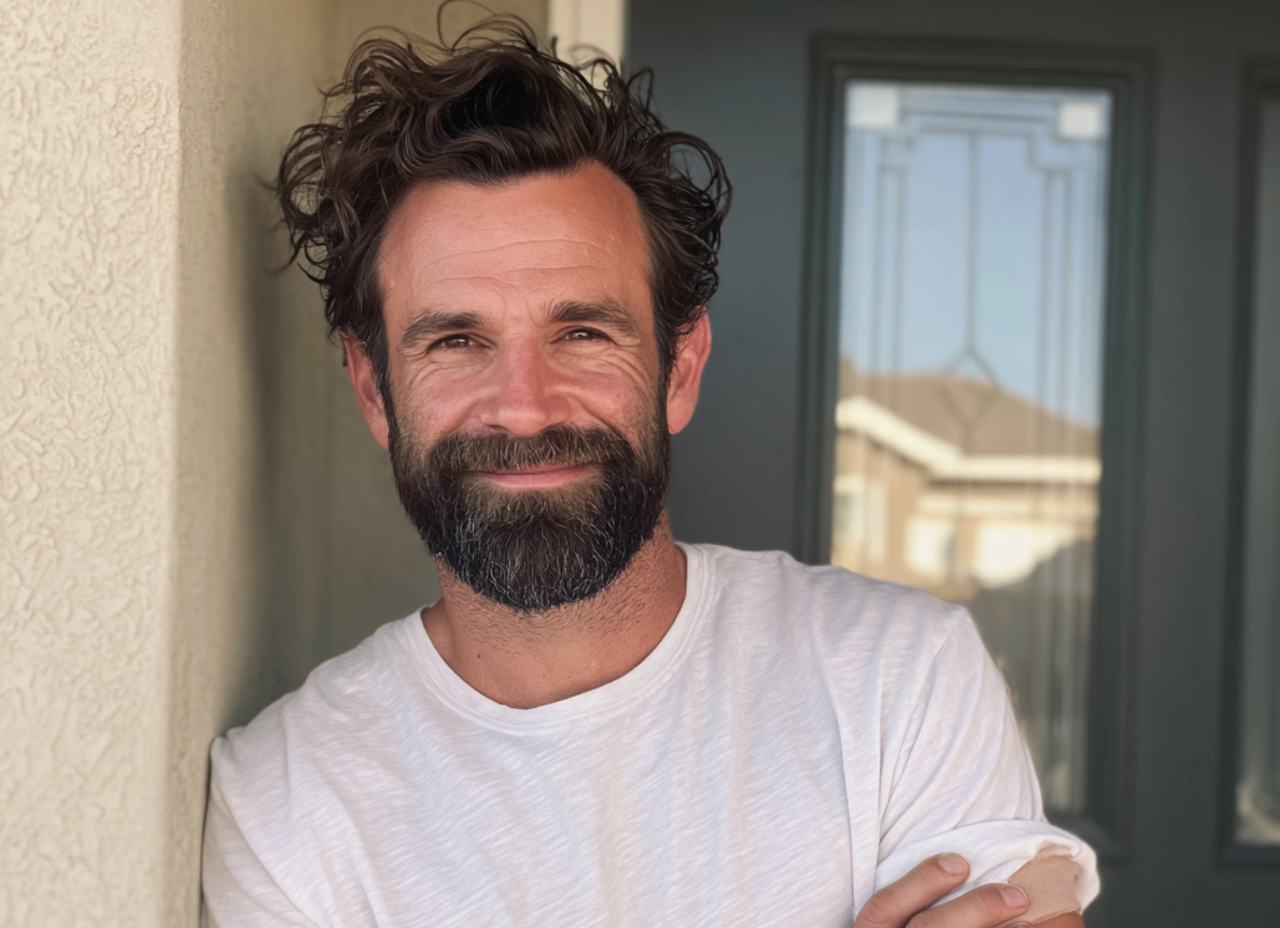 A smiling man wearing a white T-shirt | Source: Midjourney