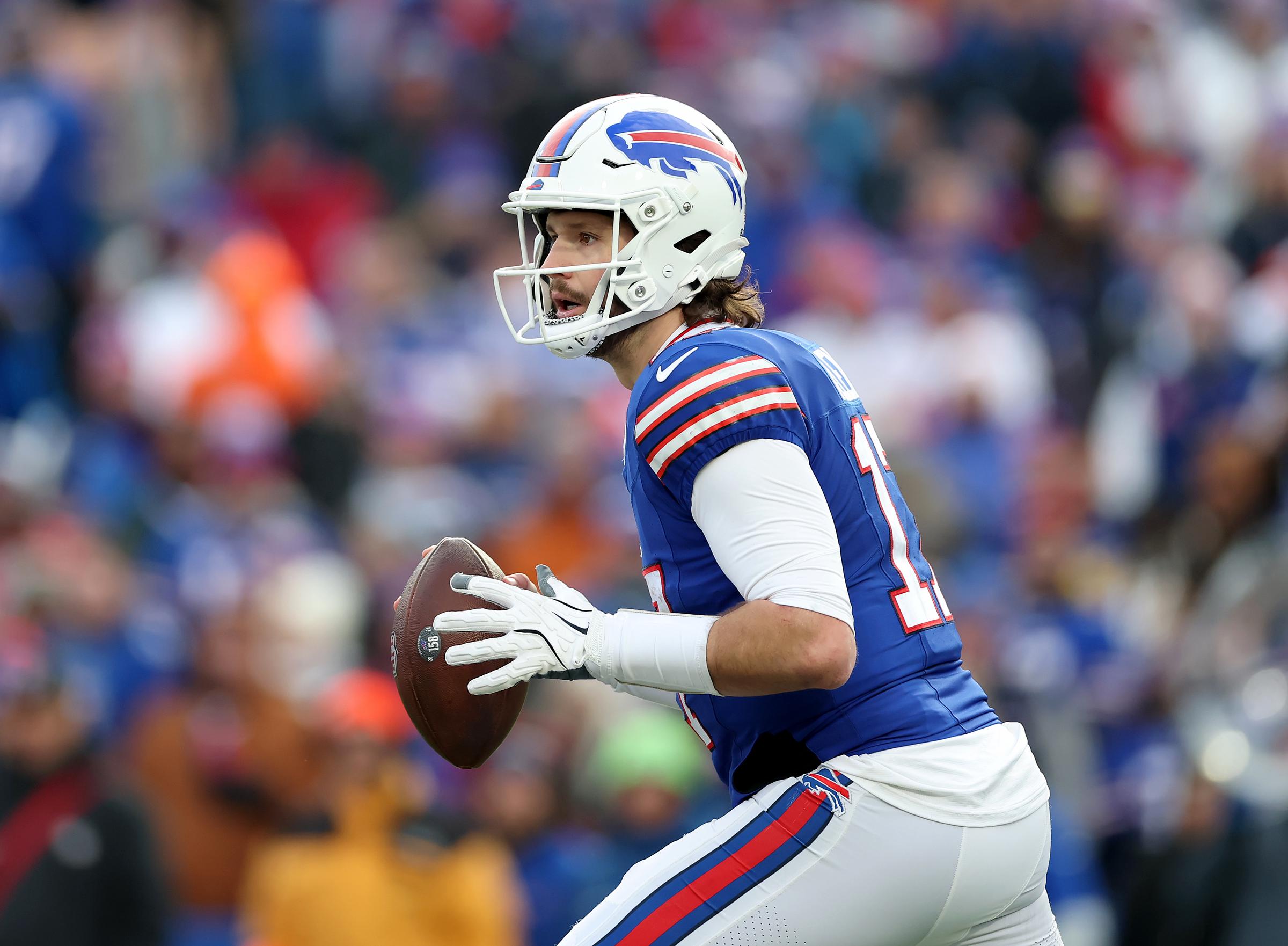 Josh Allen looking to make a pass during the game. | Source: Getty Images