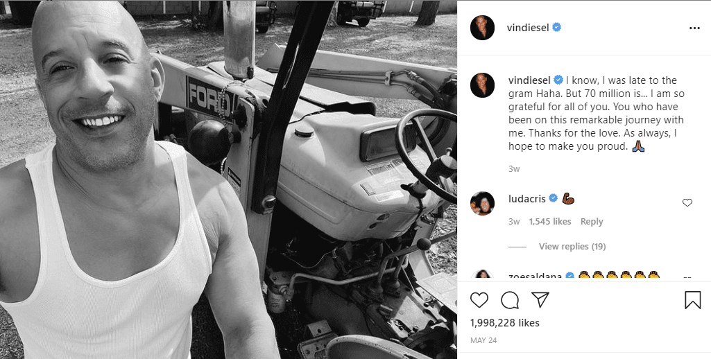 Vin Diesel thanking his fans for their support on May 24, 202, with a black-and-white image| Photo: Instagram/@vindiesel