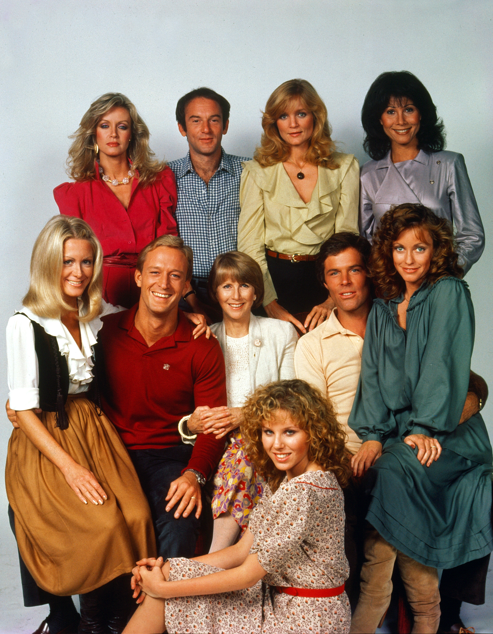 Cast members of the 1982 CBS television series "Knots Landing" are (L-R top) Donna Mills, John Pleshette, Constance McCashin, Michele Lee, (L-R middle) Joan Van Ark, Ted Shackleford, Julie Harris, James Houghton, Kim Lankford, and (bottom) Claudia Lonow. | Source: Getty Images