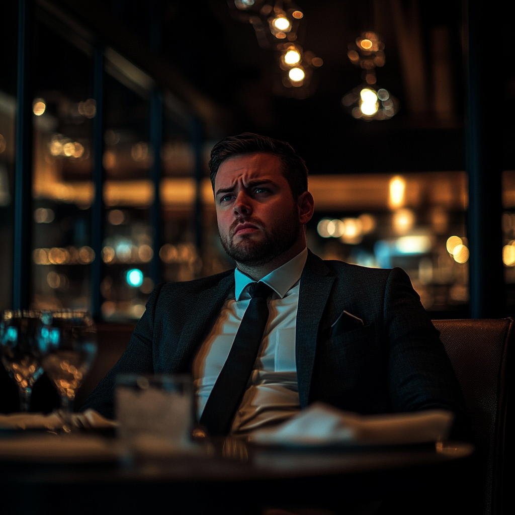 A frowning man sitting at a table | Source: Midjourney