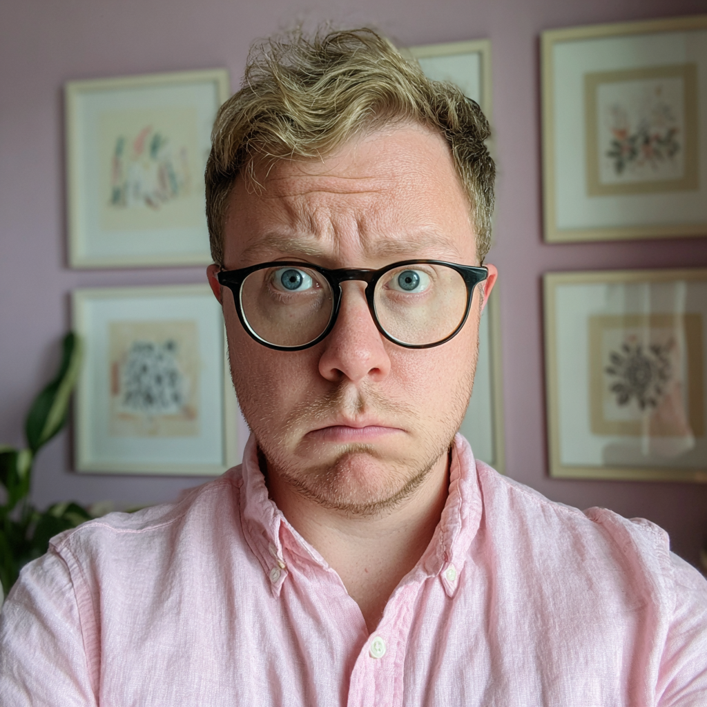 A frowning man wearing a pink linen shirt | Source: Midjourney