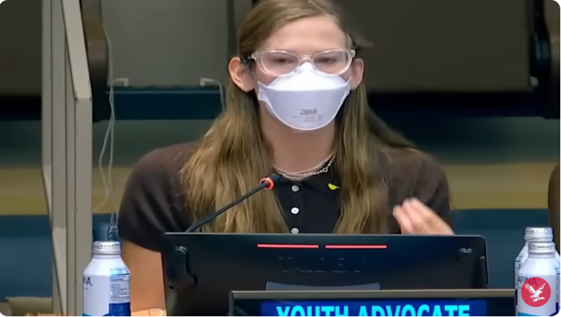 Violet Affleck advocates for COVID-19 protections in her UN address, from a post dated September 24. 2025 | Source: Youtube/@theindependent