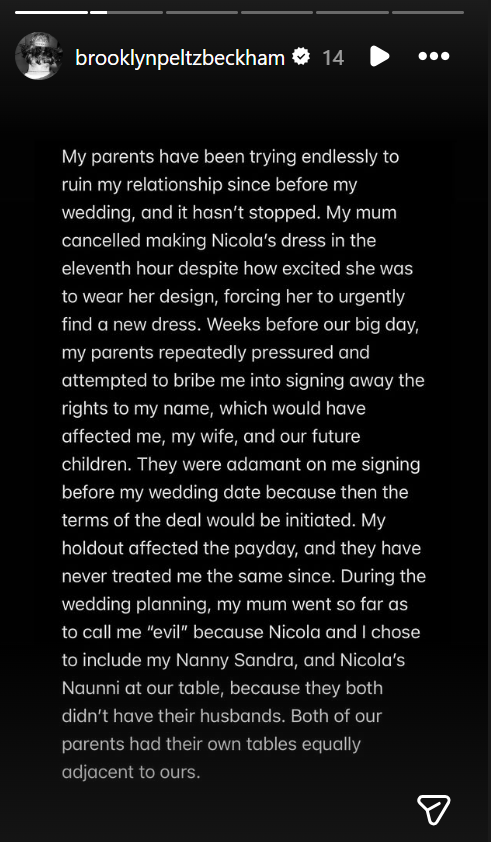 Brooklyn Beckham addresses the rift between he and his family, from a post dated January 19, 2026. | Source: Instagram Stories/brooklynpeltzbeckham