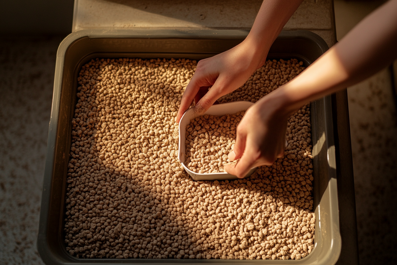 A woman scooping cat litter | Source: Midjourney