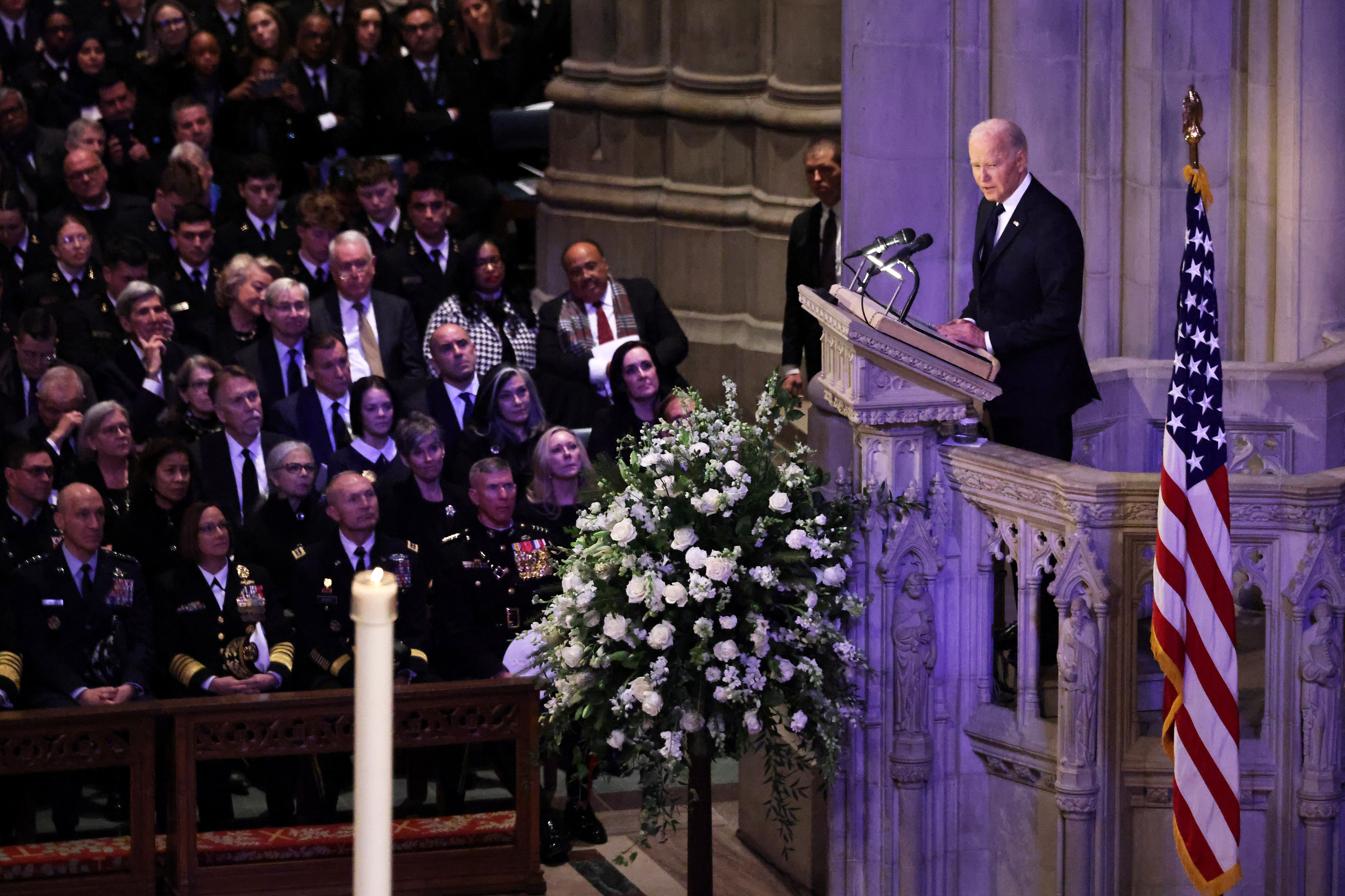 A crowd watches Joe Biden's eulogy at the state funeral for former U.S. President Jimmy Carter on January 9, 2025 | Source: Getty Images