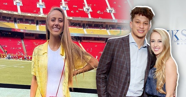 Brittany Matthews beams while posing at a football stadium, the next image shows her and fiance Patrick Mahomes attending Leigh Steinberg Super Bowl Party on February 3, 2018 in Minneapolis, Minnesota | Photo: Getty Images and Instagram/@brittanylynne