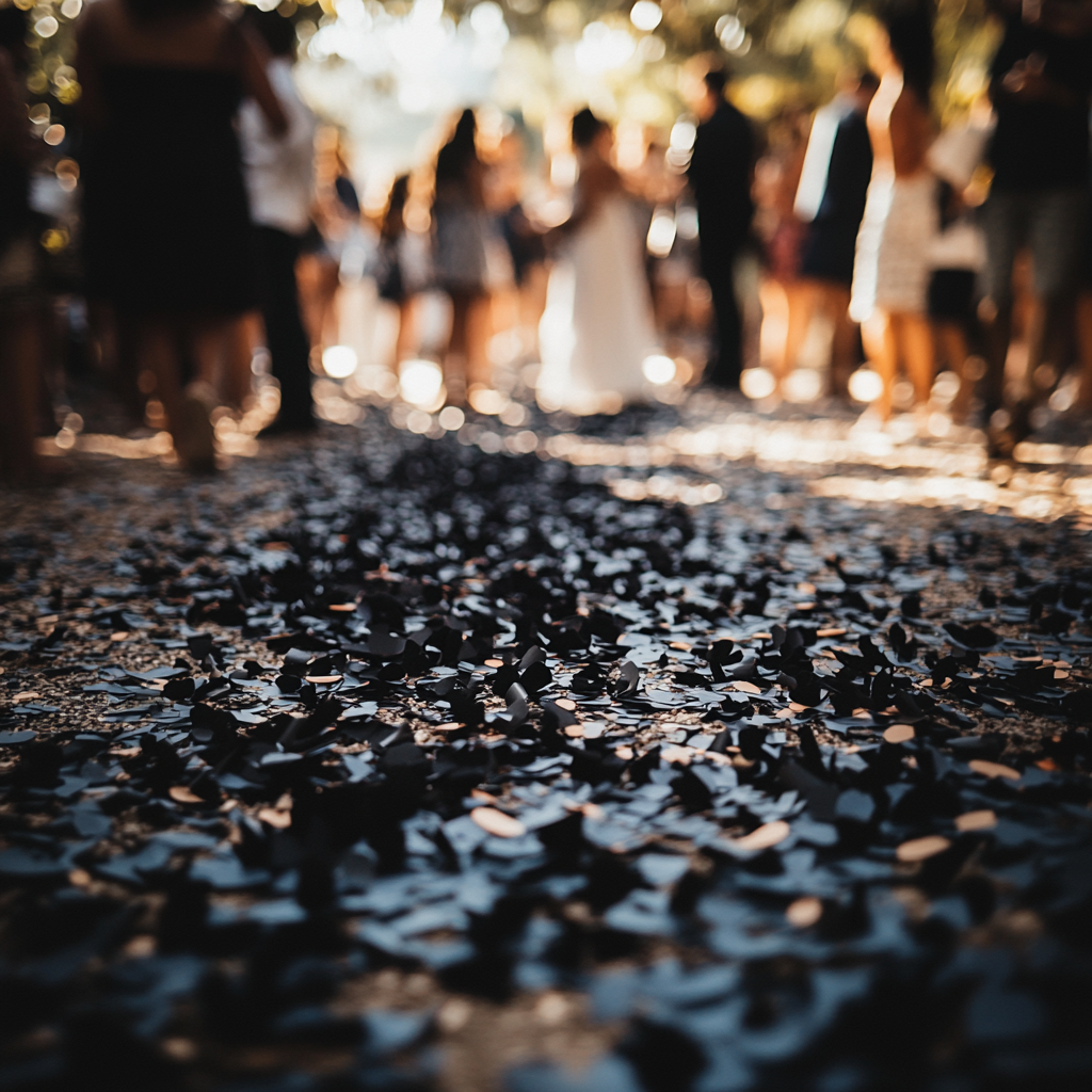 Black confetti on the ground during an outdoor party | Source: Midjourney