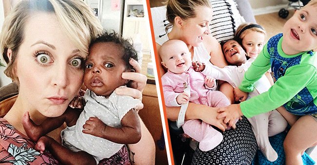 Rebekah Laskowski poses with her adopted daughter, Goldie Mae [left]. Rebekah with all of her kids [right] | Photo: Instagram/bekahlaskowski