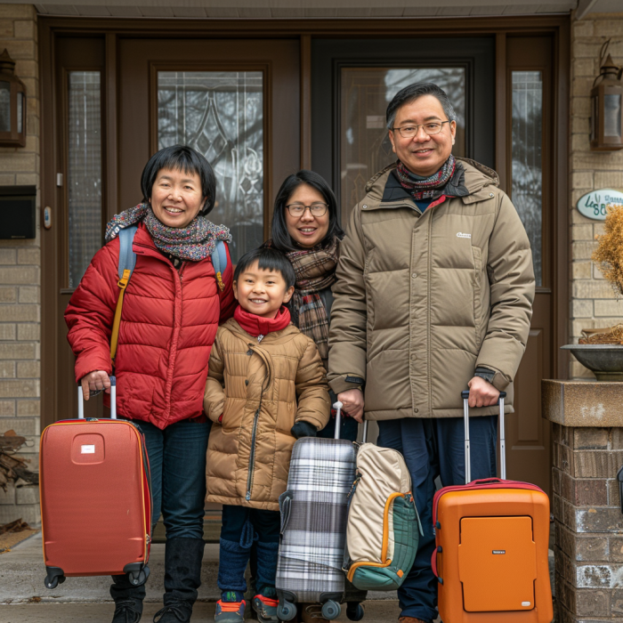 Linda and her family standing at the doorstep with their suitcases | Source: Midjourney