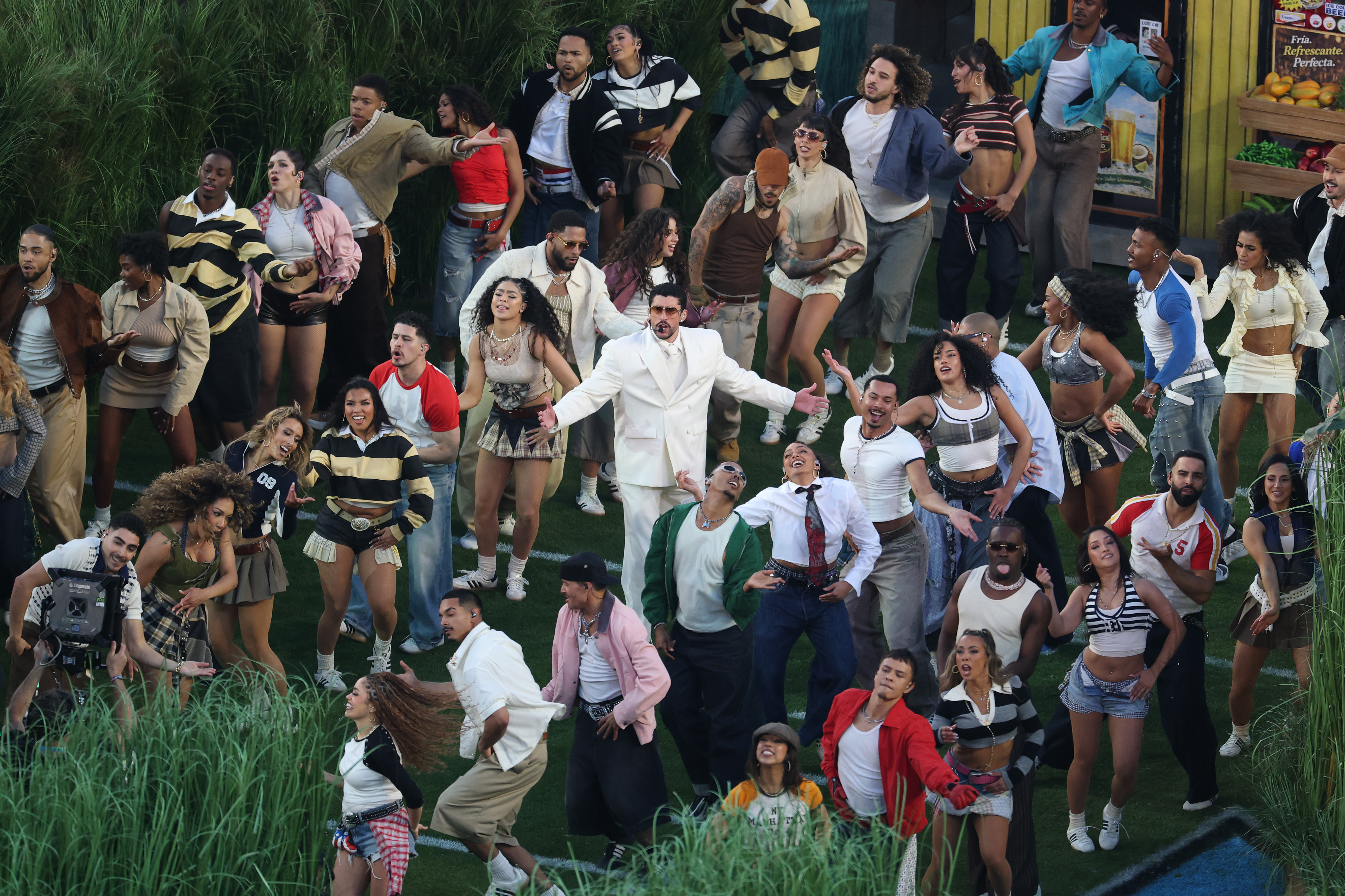 Bad Bunny performs onstage during the Apple Music Super Bowl LX Halftime Show at Levi's Stadium on February 8, 2026 in California. | Source: Getty Images