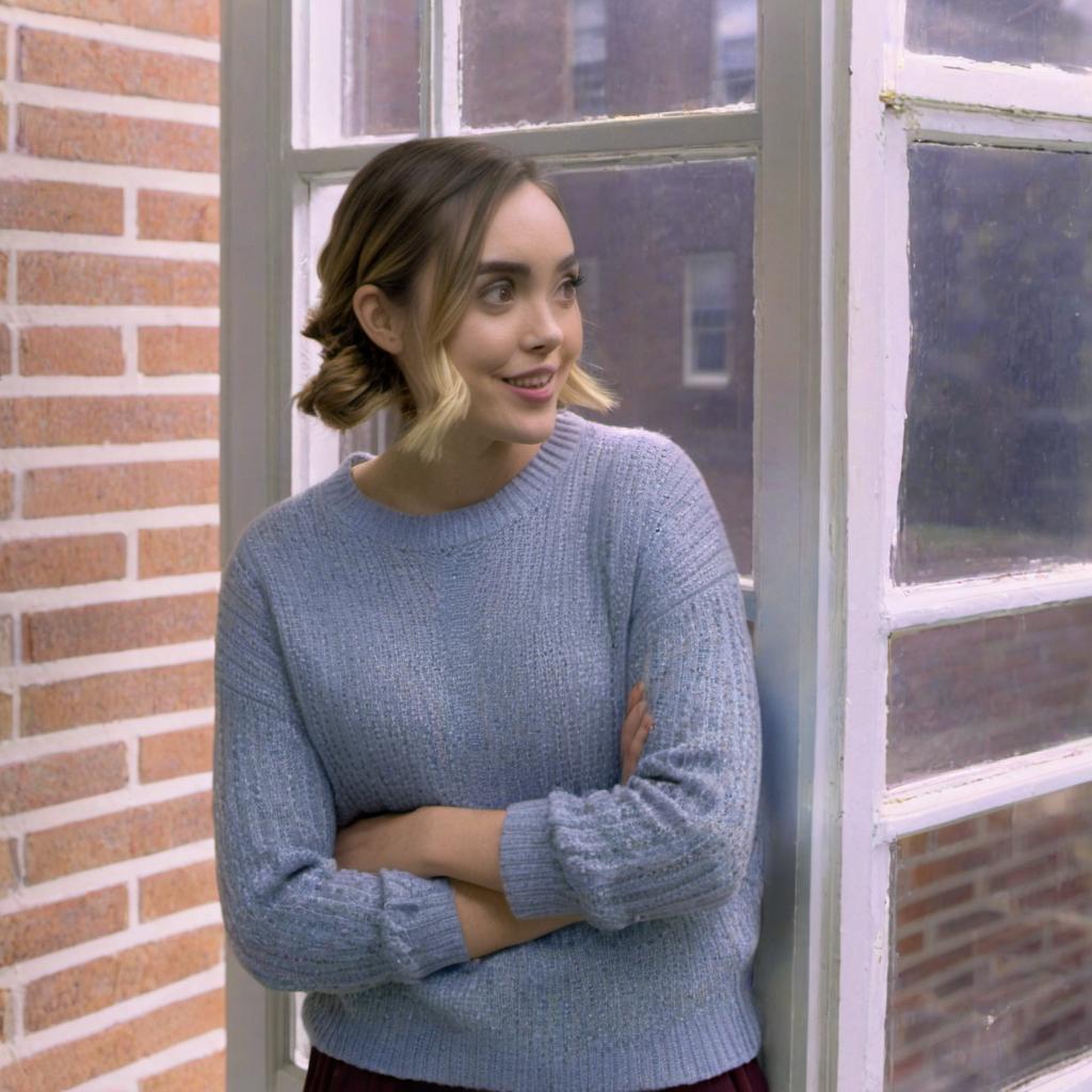 Julia standing by the dorm window, looking out with a hopeful expression