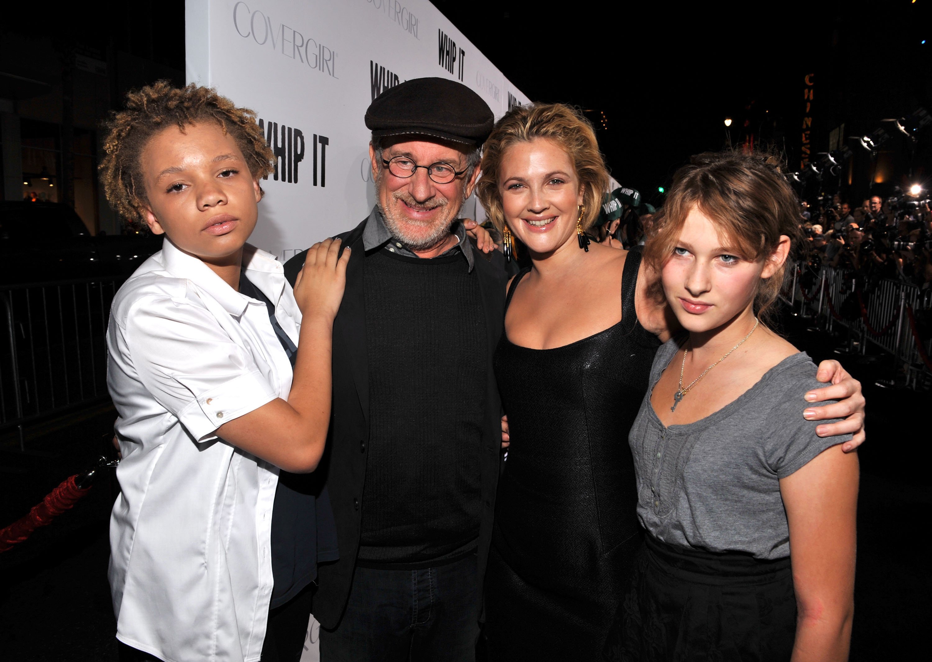 Mikaela Spielberg, Steven Spielberg, Drew Barrymore and Destry Allyn Spielberg arrive on the red carpet for the premiere of "Whip It" on September 29, 2009, in Hollywood, California | Source Getty Images