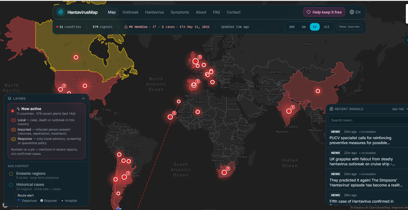 The hantavirus map as of May 18, 2026 | Source: Hantavirusmap.com