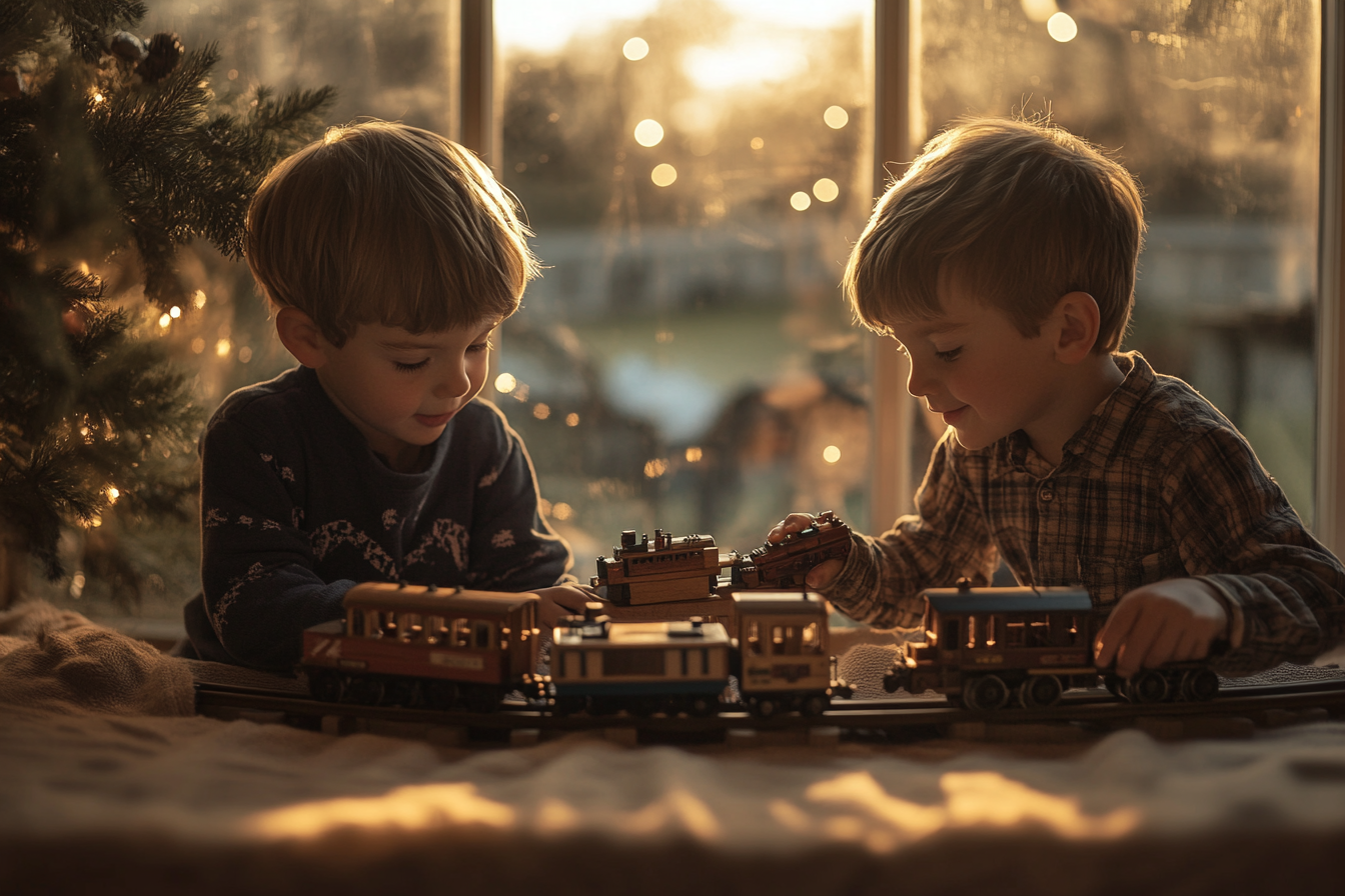 Two little boys playing with a toy train | Source: Midjourney