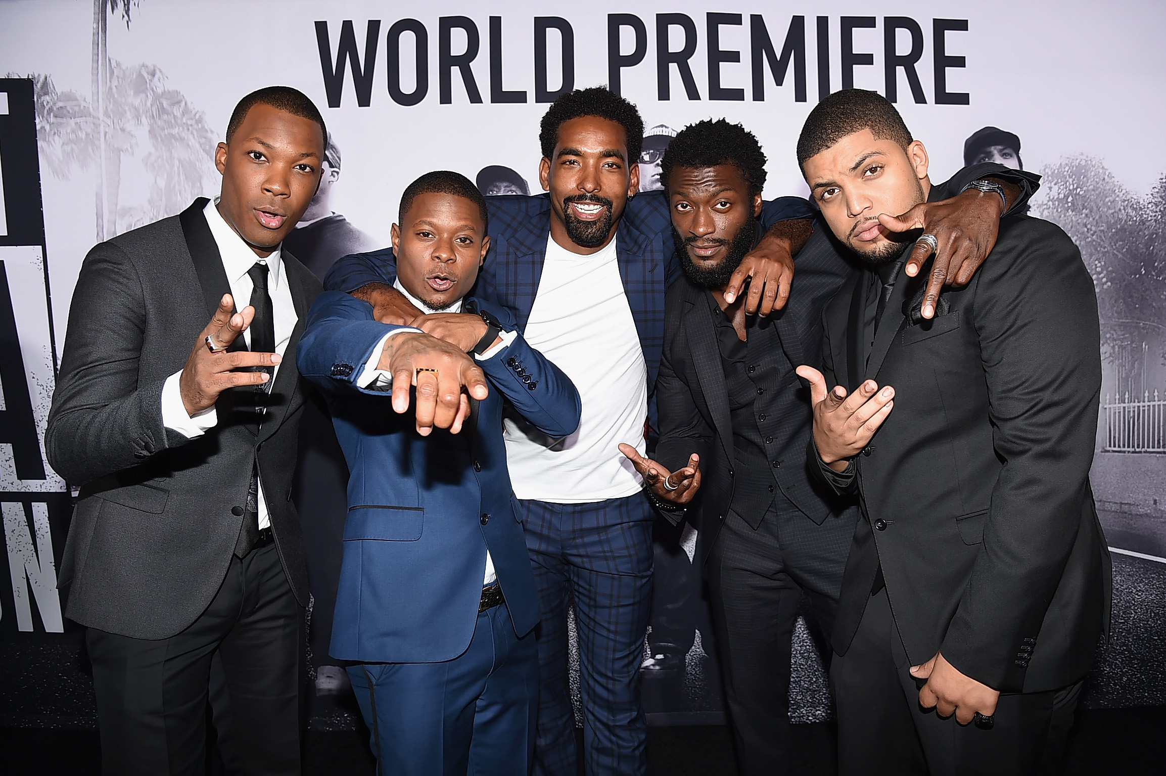 Corey Hawkins, Jason Mitchell, Marlon Yates, Jr., Aldis Hodge, and O'Shea Jackson, Jr. at the "Straight Outta Compton" premiere in Los Angeles on August 10, 2015. | Source: Getty Images.