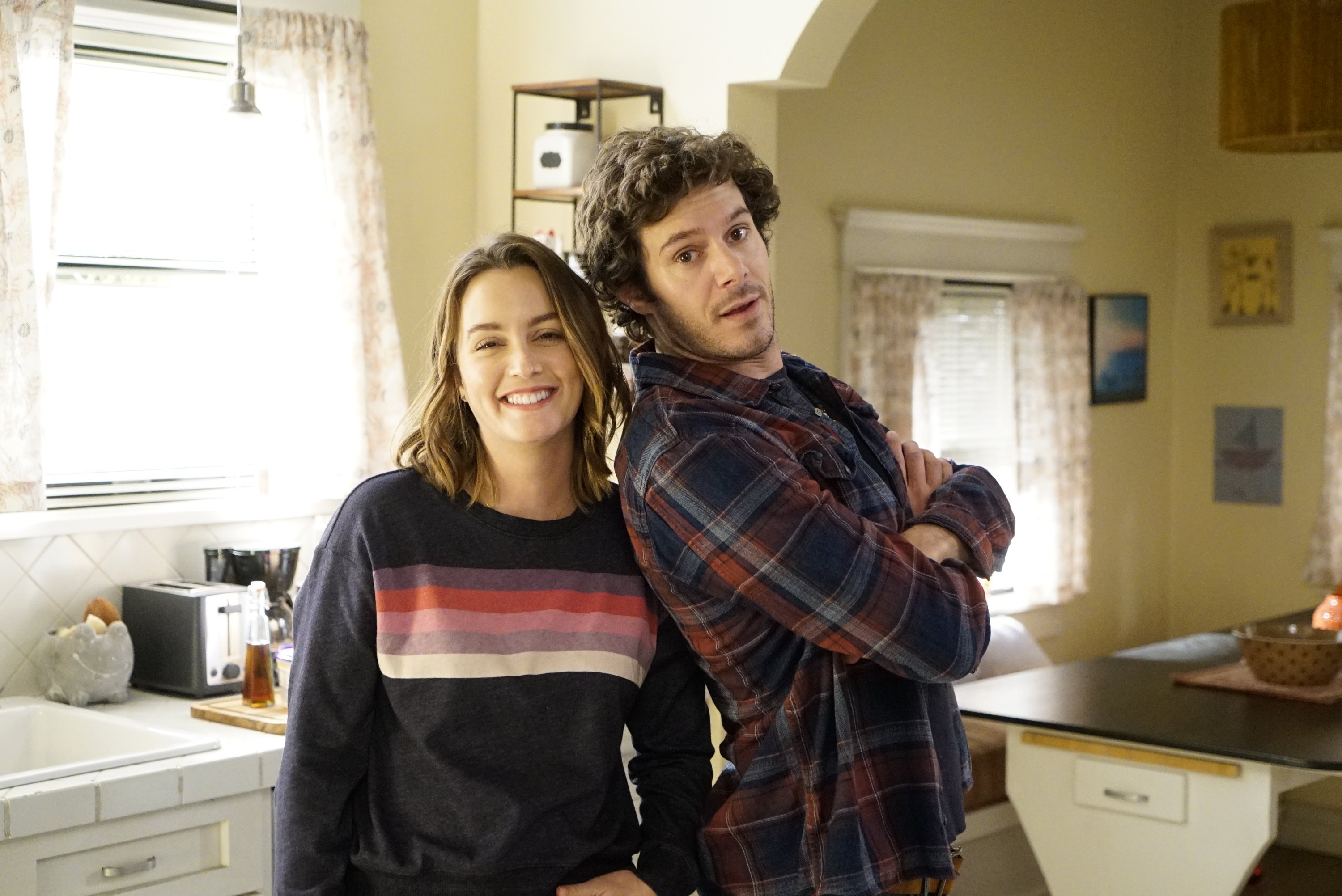 Adam Brody and Leighton Meester on the set of ABC's 'Single Parents', 2019 | Source: Getty Images