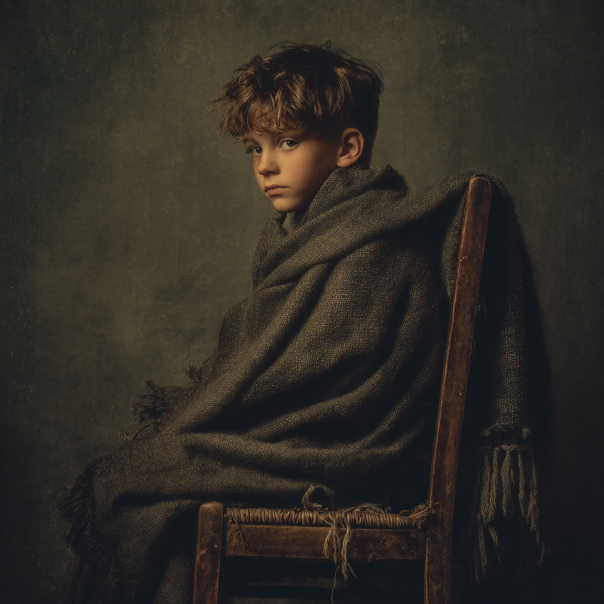 A boy wrapped in a blanket, sitting on a chair | Source: Midjourney