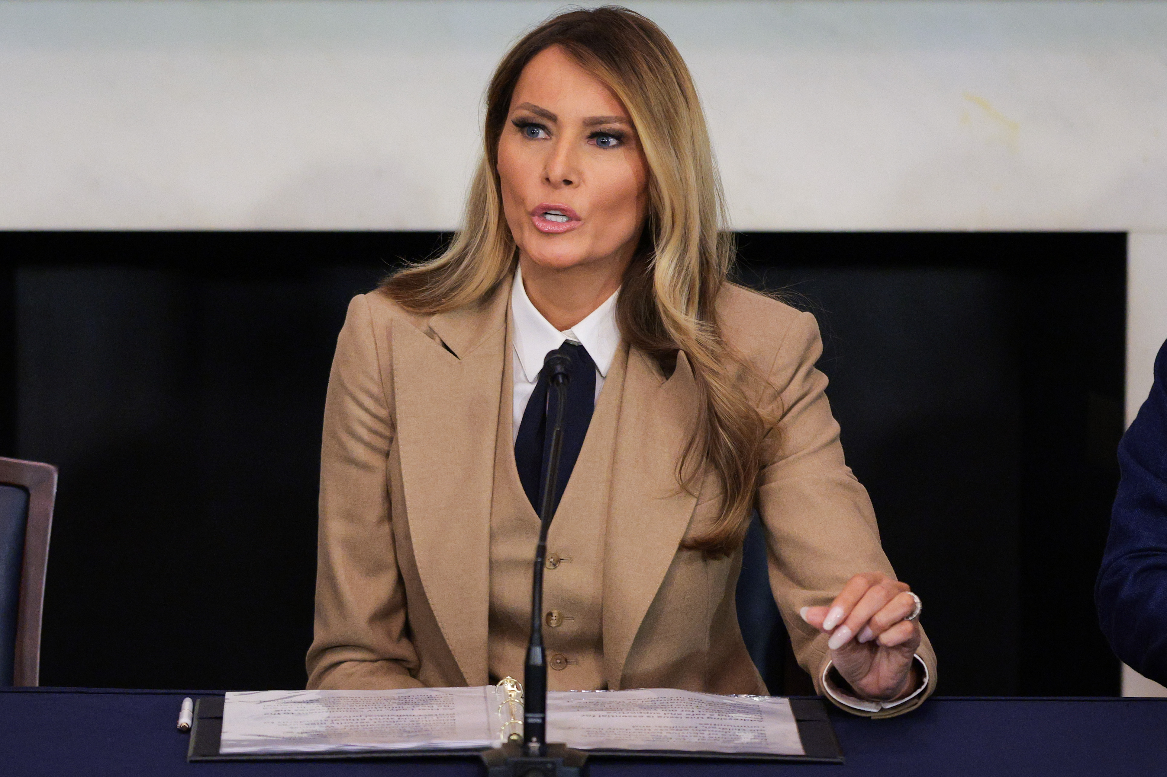 U.S. First Lady Melania Trump speaks during a roundtable discussion on the "Take It Down Act" in the Mike Mansfield Room at the U.S. Capitol on March 3, 2025, in Washington, DC | Source: Getty Images