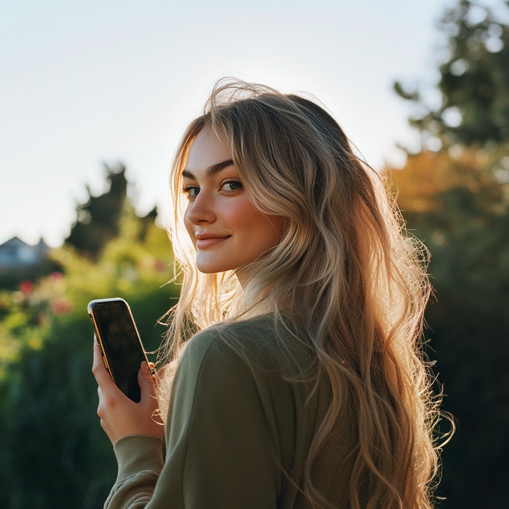 A young woman smiling while holding her phone | Source: Midjourney