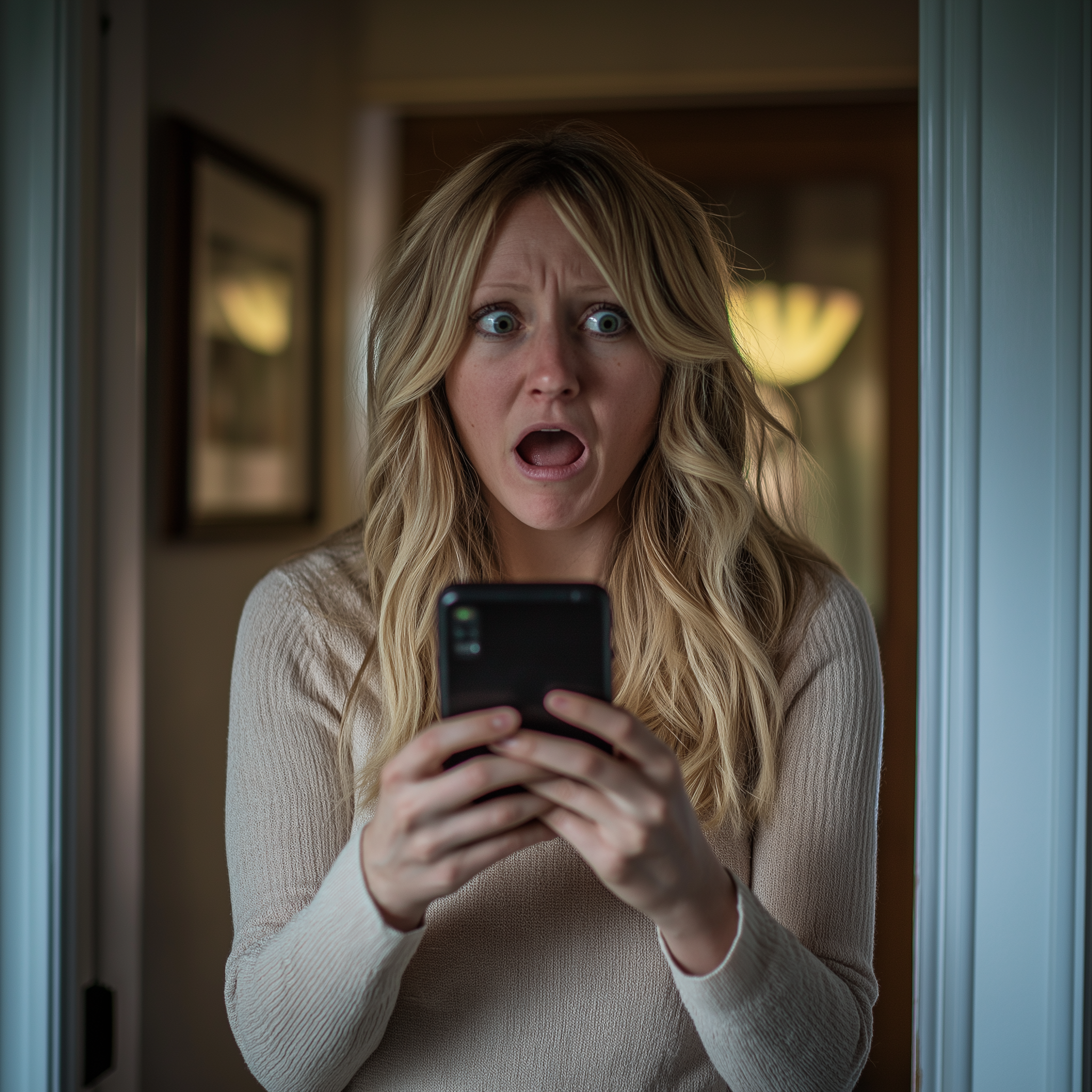 A woman looks shocked and hurt while holding her phone | Source: Midjourney