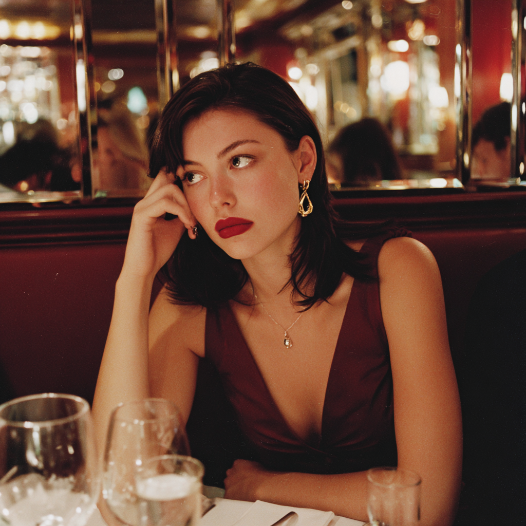 A pensive woman sitting at a restaurant | Source: Midjourney
