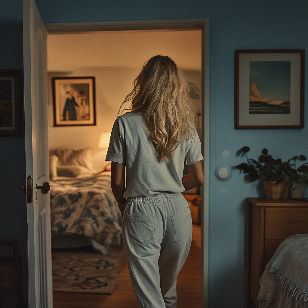 A tired woman walking into her bedroom | Source: Midjourney