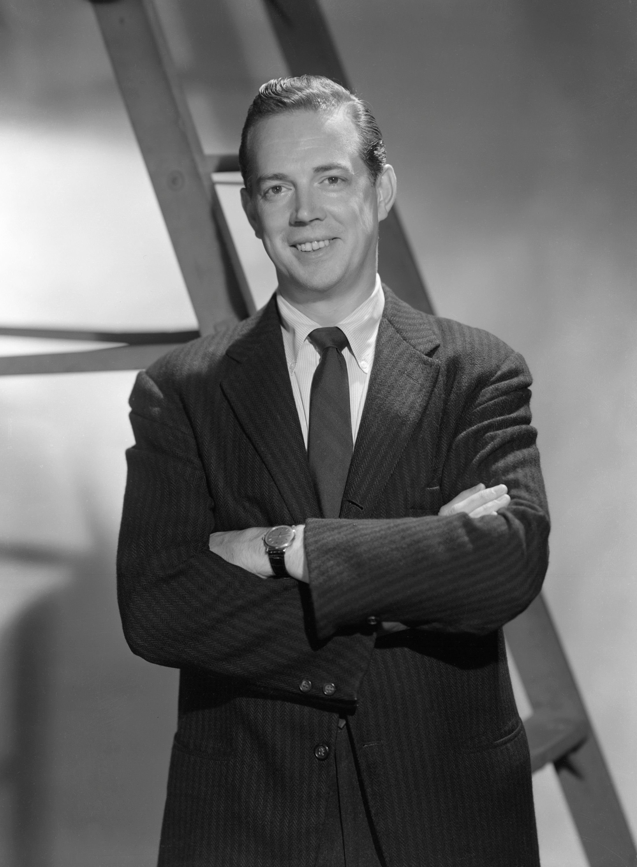 Hugh Downs in 1957 on set at NBC studios | Source: Getty Images