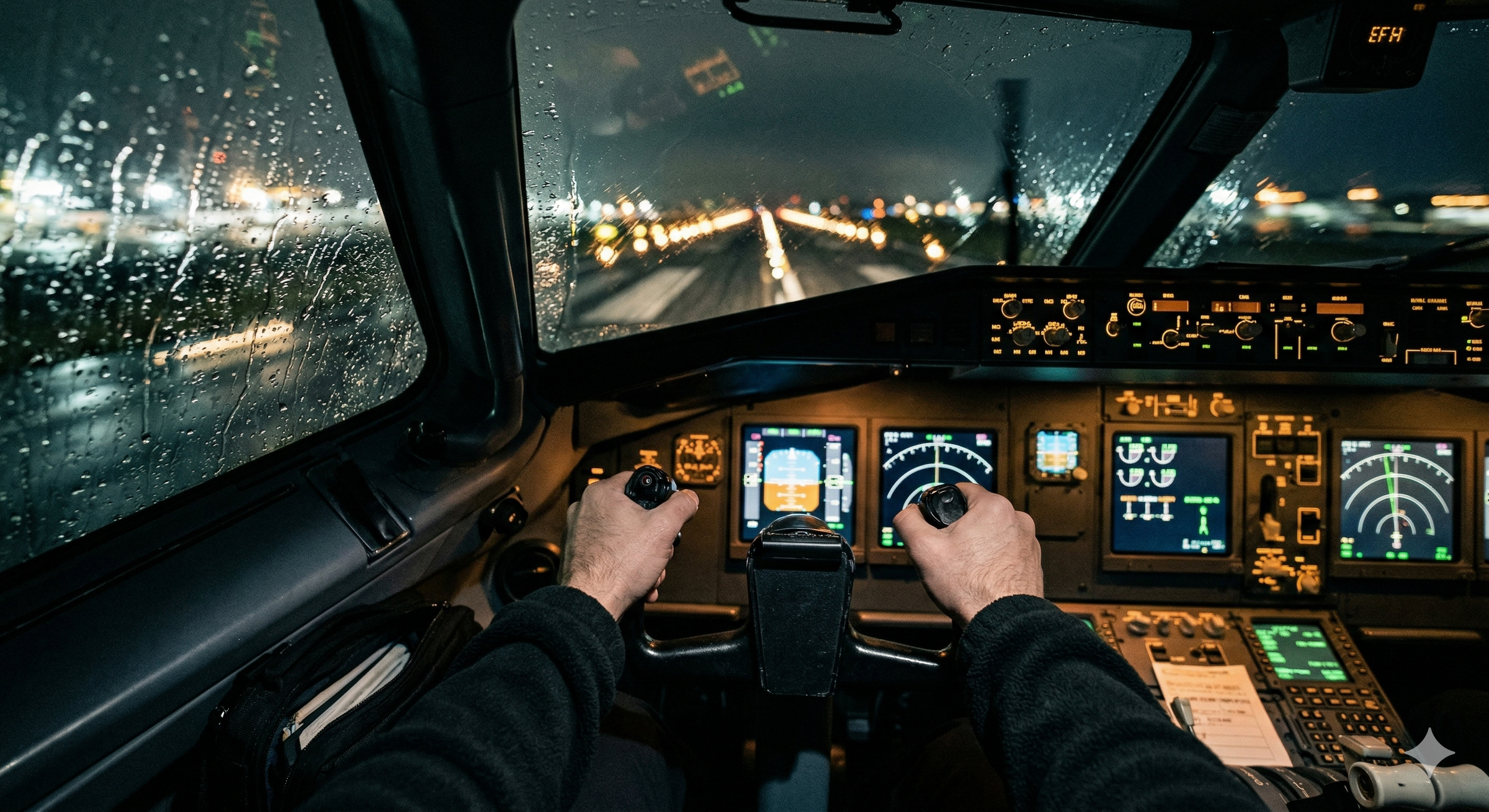 A digital recreation of the rain-streaked cockpit view as the Air Canada flight began its ill-fated rollout on the LaGuardia runway | Source: Gemini AI