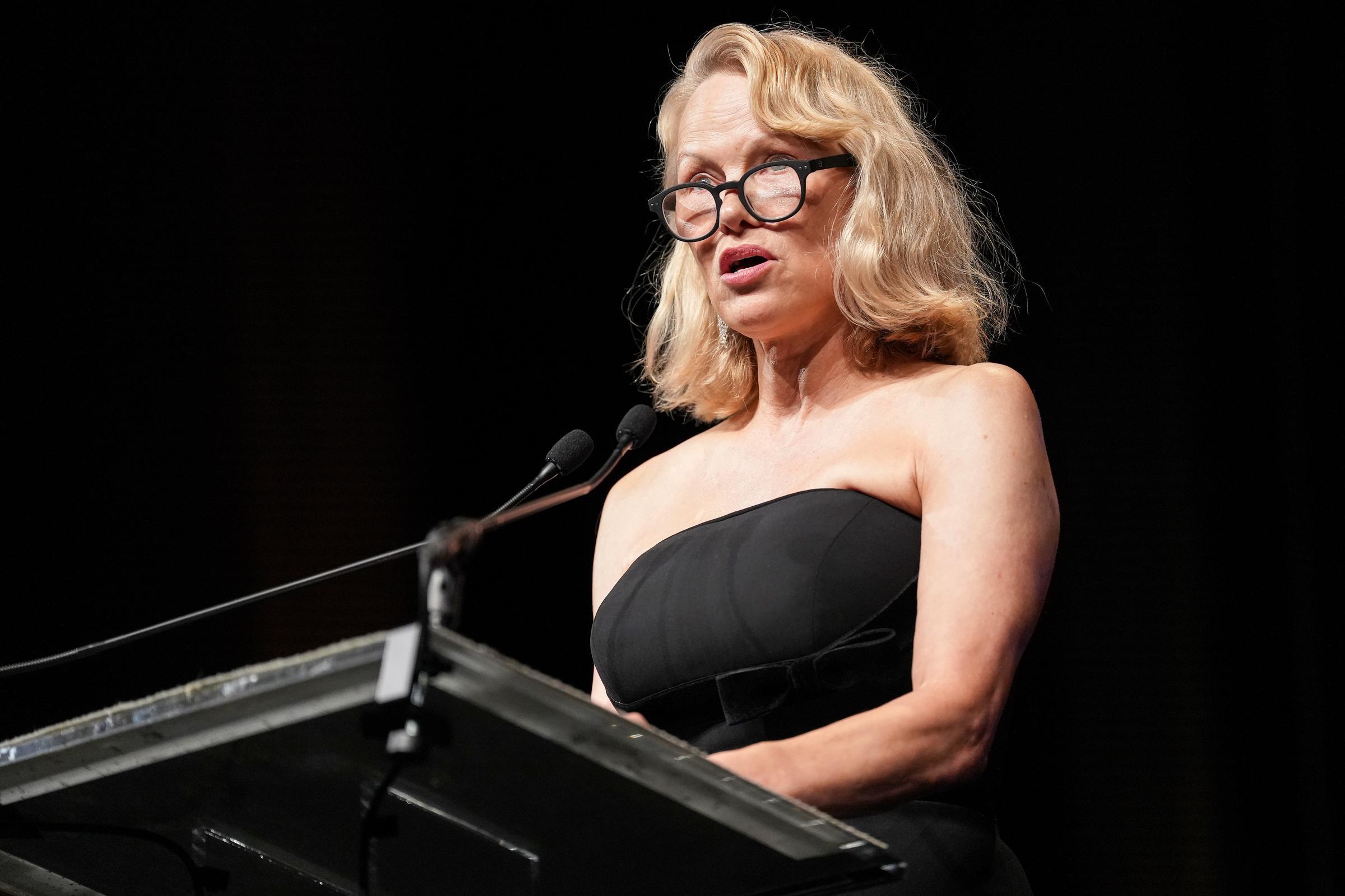 Pamela Anderson speaks on stage during the Opening Ceremony And Deauville Talent Award To Pamela Anderson during the 51st Deauville American Film Festival on September 5, 2025. in Deauville, France. | Source: Getty Images