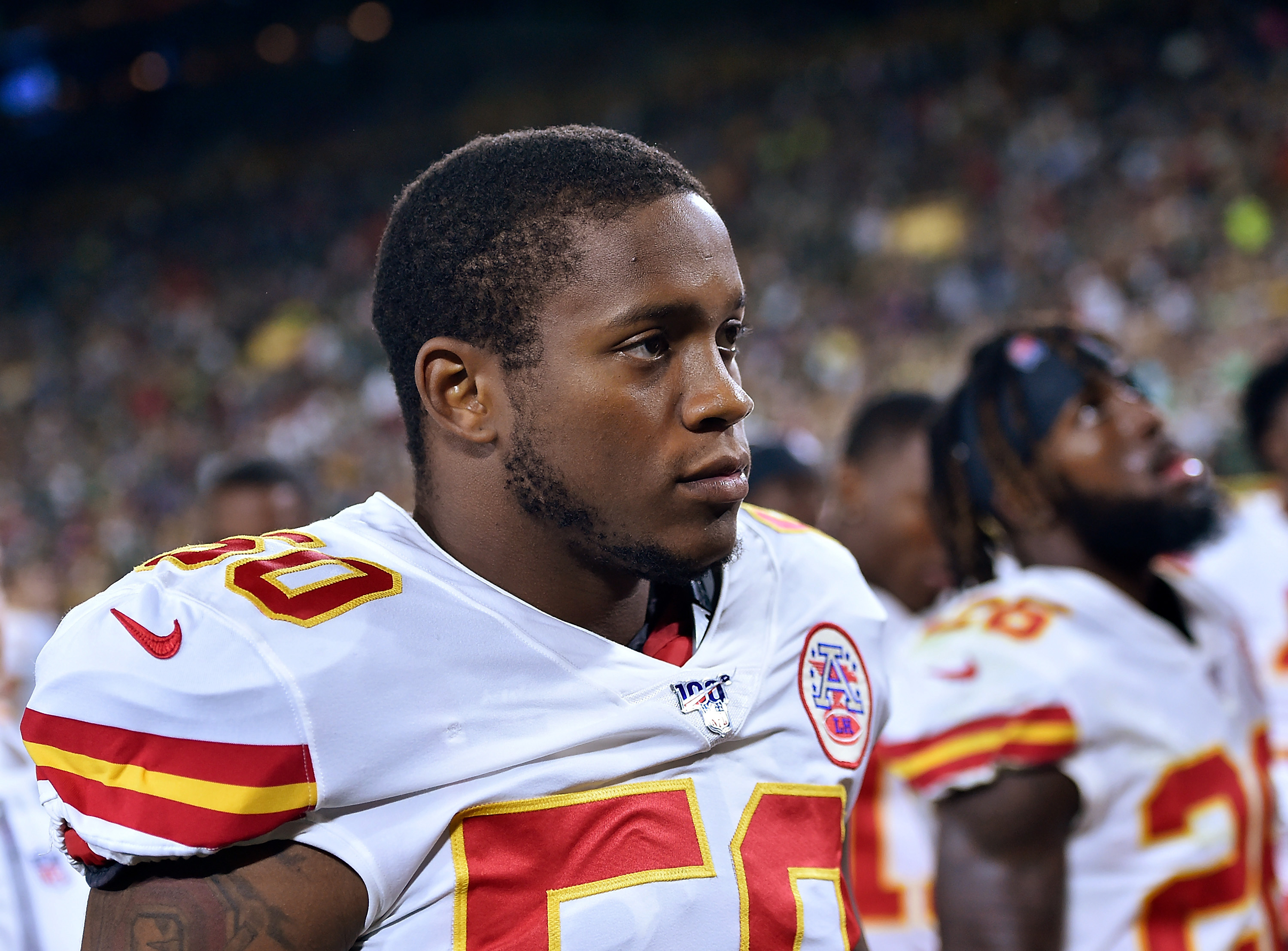 Darron Lee #50 of the Kansas City Chiefs looks on during a preseason game against the Green Bay Packers on August 29, 2019 | Source: Getty Images