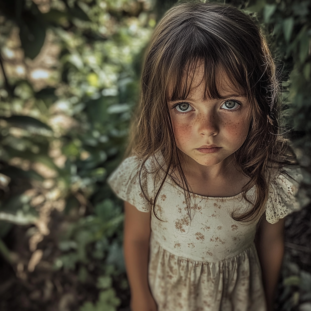 Exhausted little girl standing in the garden | Source: Midjourney