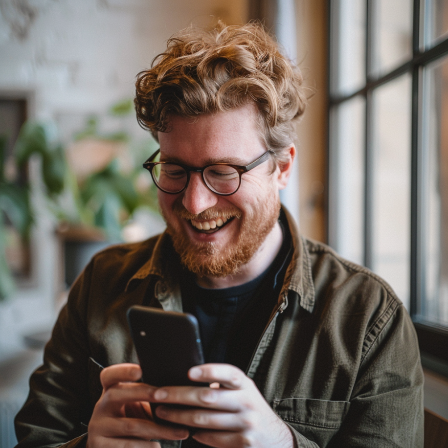 A happy man using his phone | Source: Midjourney