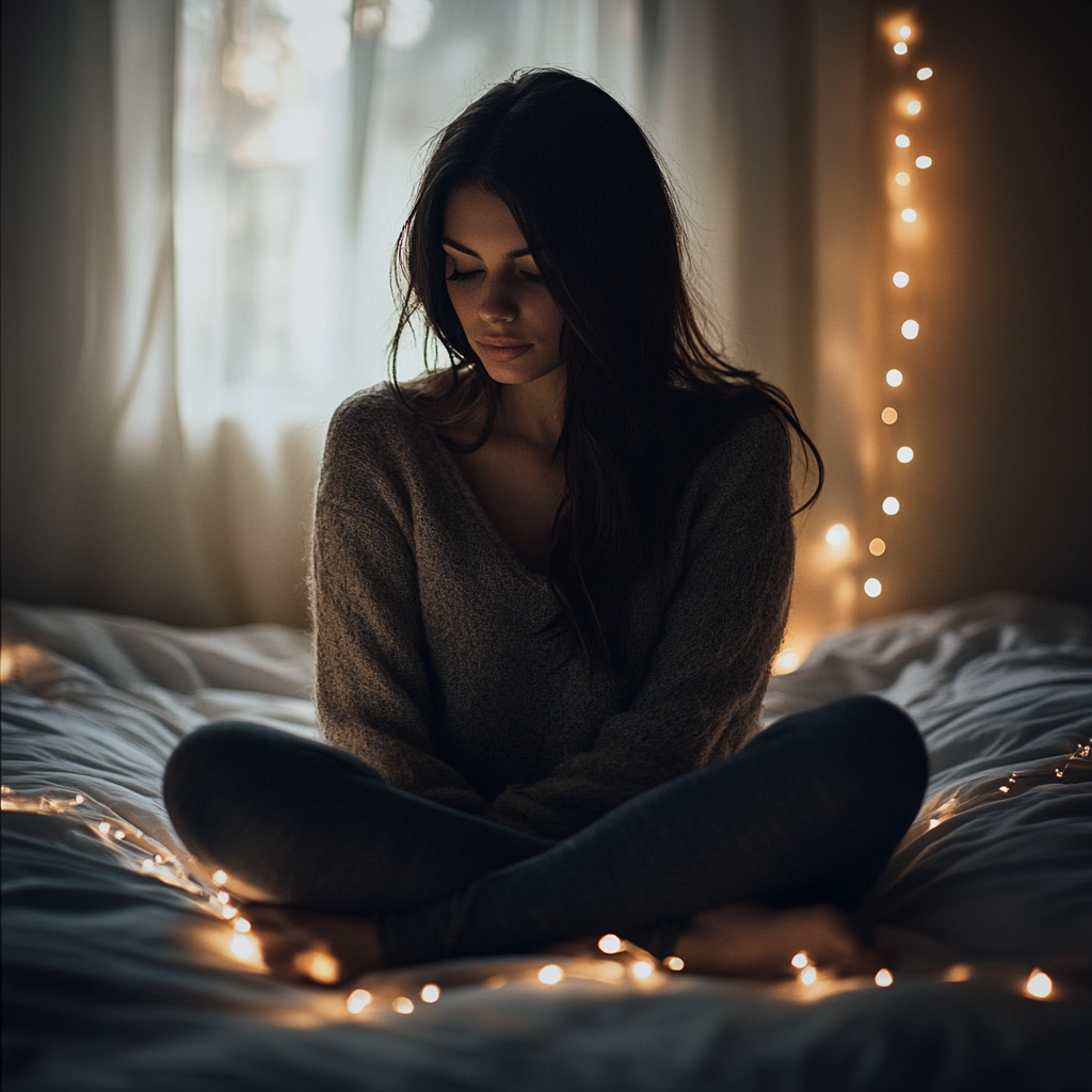 A smiling woman on her bed | Source: Midjourney