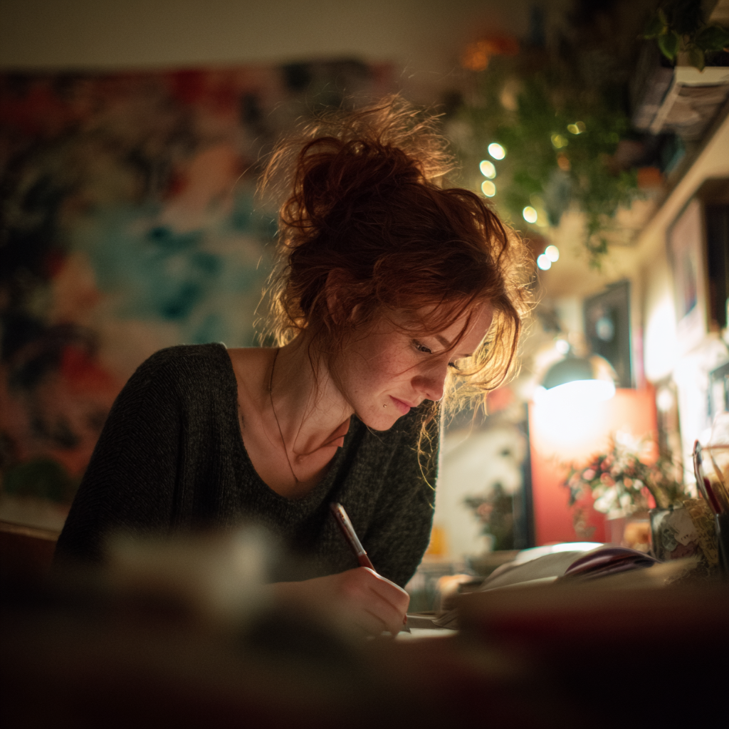 A woman writing in a notebook | Source: Midjourney