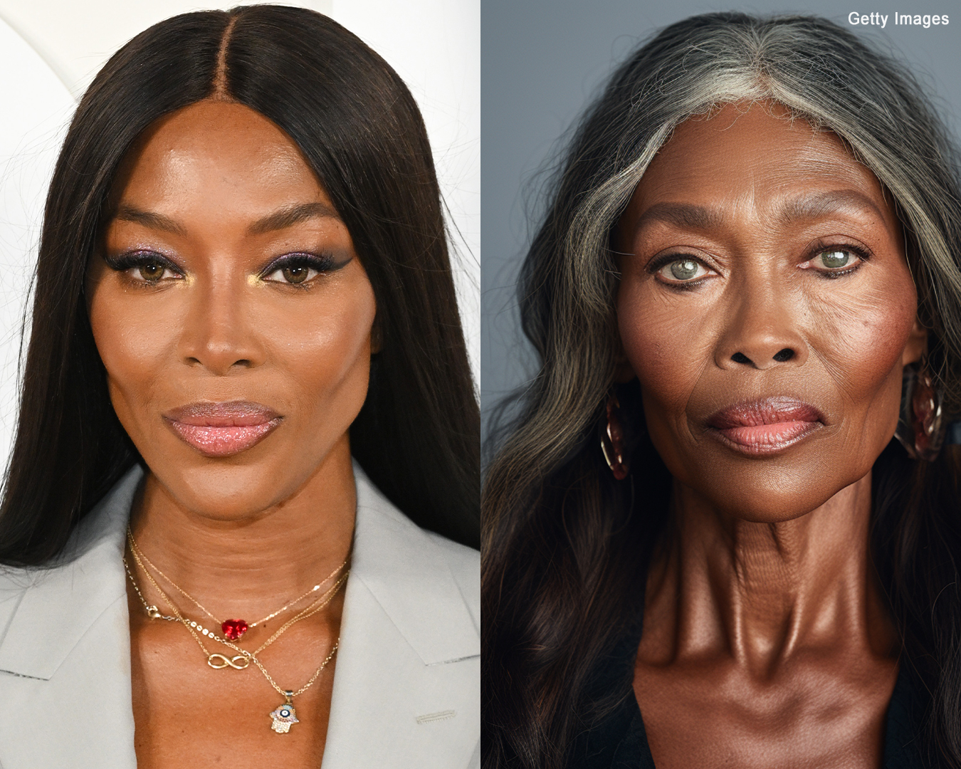 Naomi Campbell in her 50s | An AI depiction of what Naomi Campbell might look like in her 70s | Source: Getty Images | Midjourney