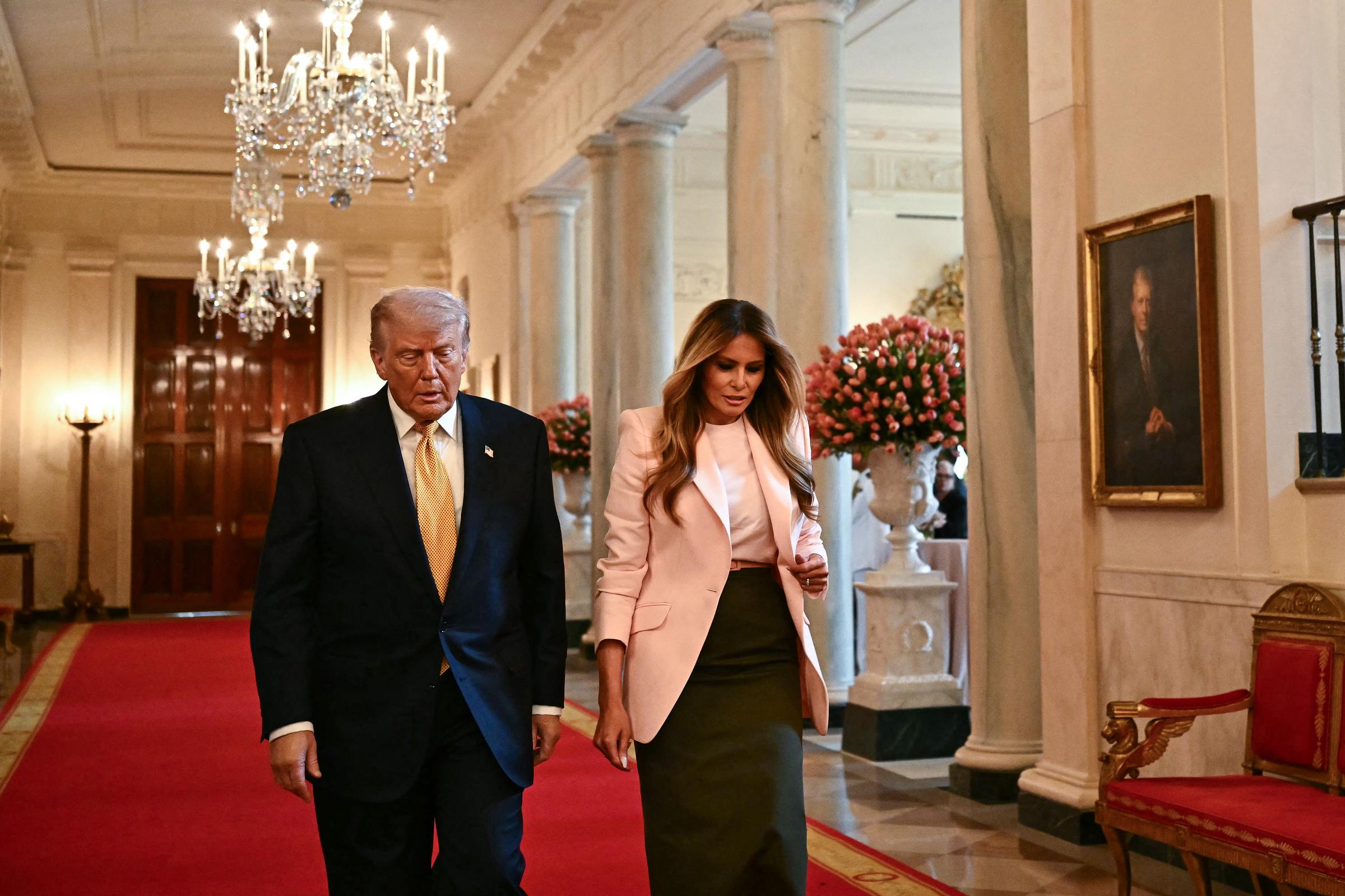 Donald Trump and Melania Trump participate in a Military Mother's Day Event in the East Room of the White House on May 6, 2026, in Washington, DC | Source: Getty Images