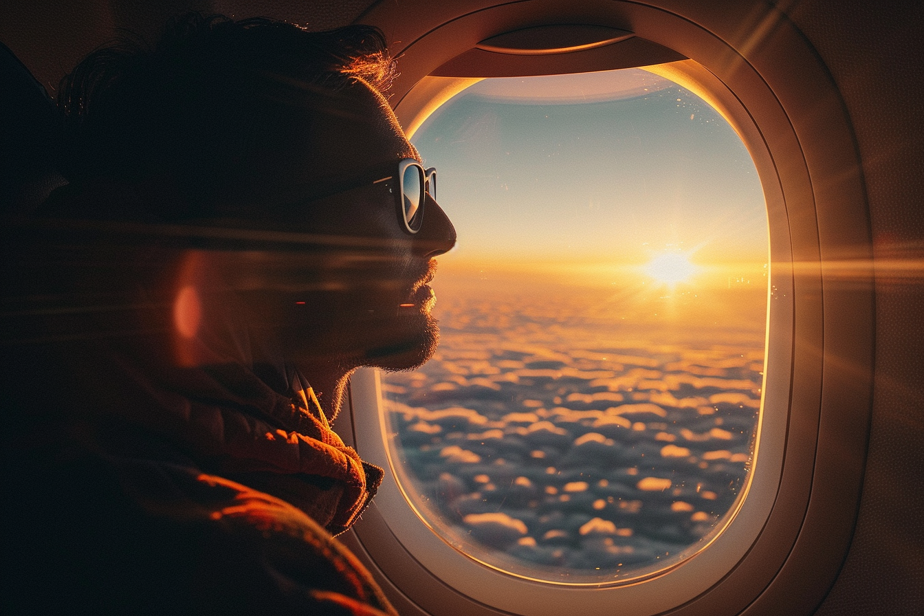 A man sitting by the window in an airplane | Source: Midjourney