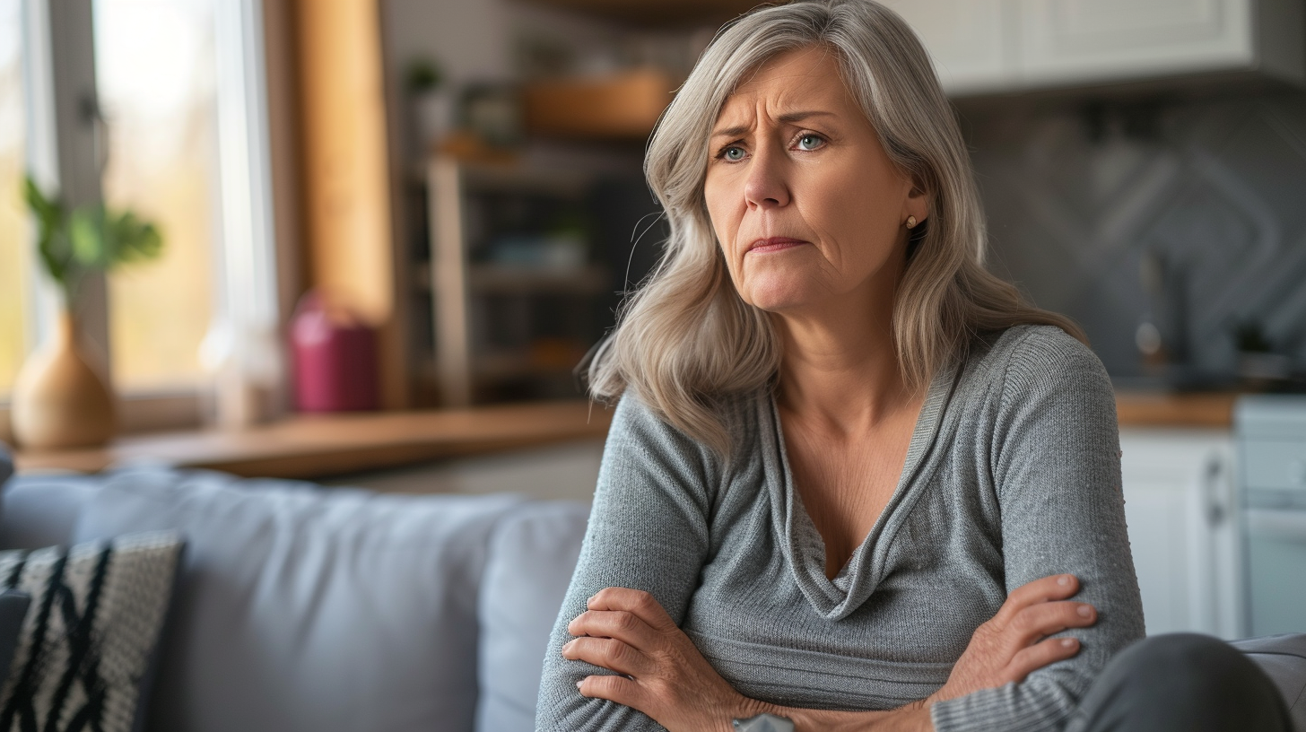 A woman sitting on a couch and frowning | Source: Midjourney