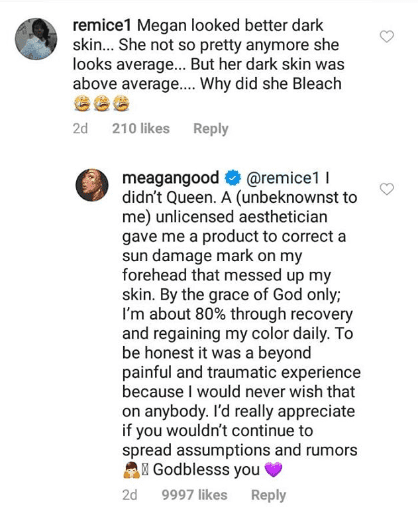 A screenshot of the fan's comment on Meagan Good's Instagram post | Source: Instagram/Meagan Good