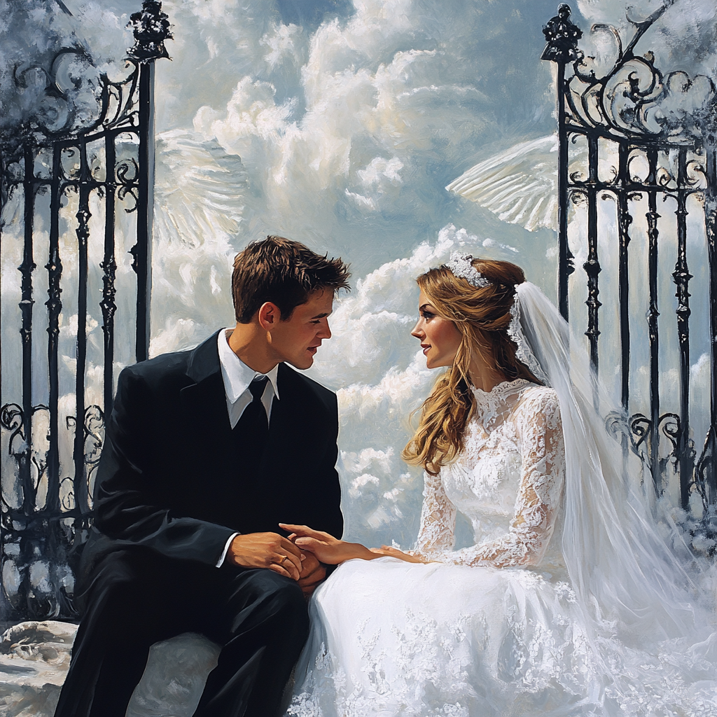 A bride and groom sitting outside the Pearly Gates of heaven | Source: Midjourney