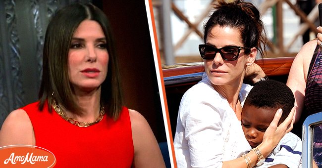 Sandra Bullock pictured on "The Late Show with Stephen Colbert" in 2018 [Left]. Bullock and her son, Louis, at the 70th Venice International Film Festival in 2013. | Photo: YouTube/The Late Show With Stephen Colbert & Getty Images 