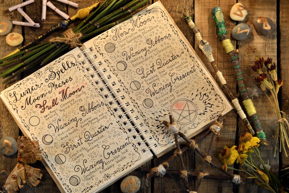 Diario con hechizos lunares, pentagramas y varitas mágicas en una mesa. Shutterstock Diario con hechizos lunares, pentagramas y varitas mágicas en una mesa. Shutterstock