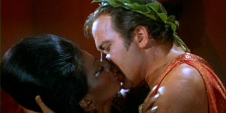 Uhura and Captain Kirk's epic kiss in "Plato's Stepchildren" 1969 | Source: Wikimedia