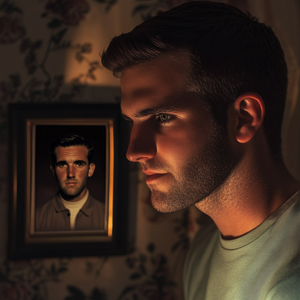 A man standing beside a framed photo of his doppelganger | Source: Midjourney