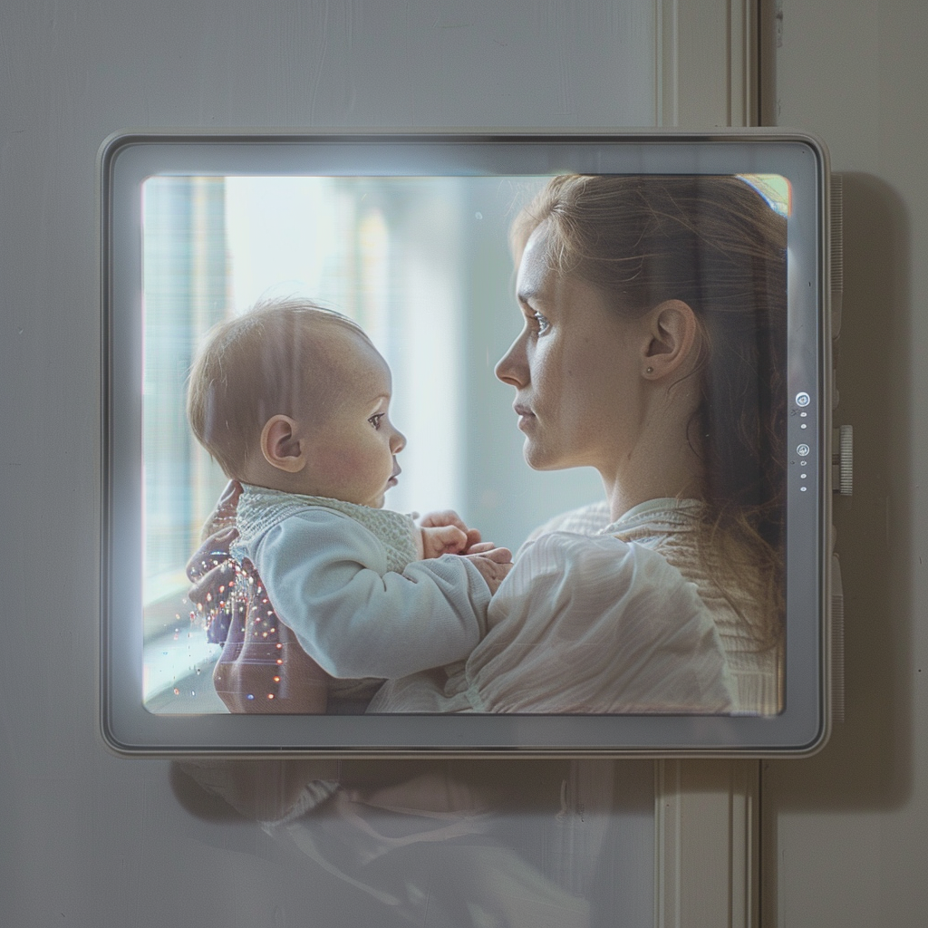 Woman with a baby on intercom screen | Source: Midjourney
