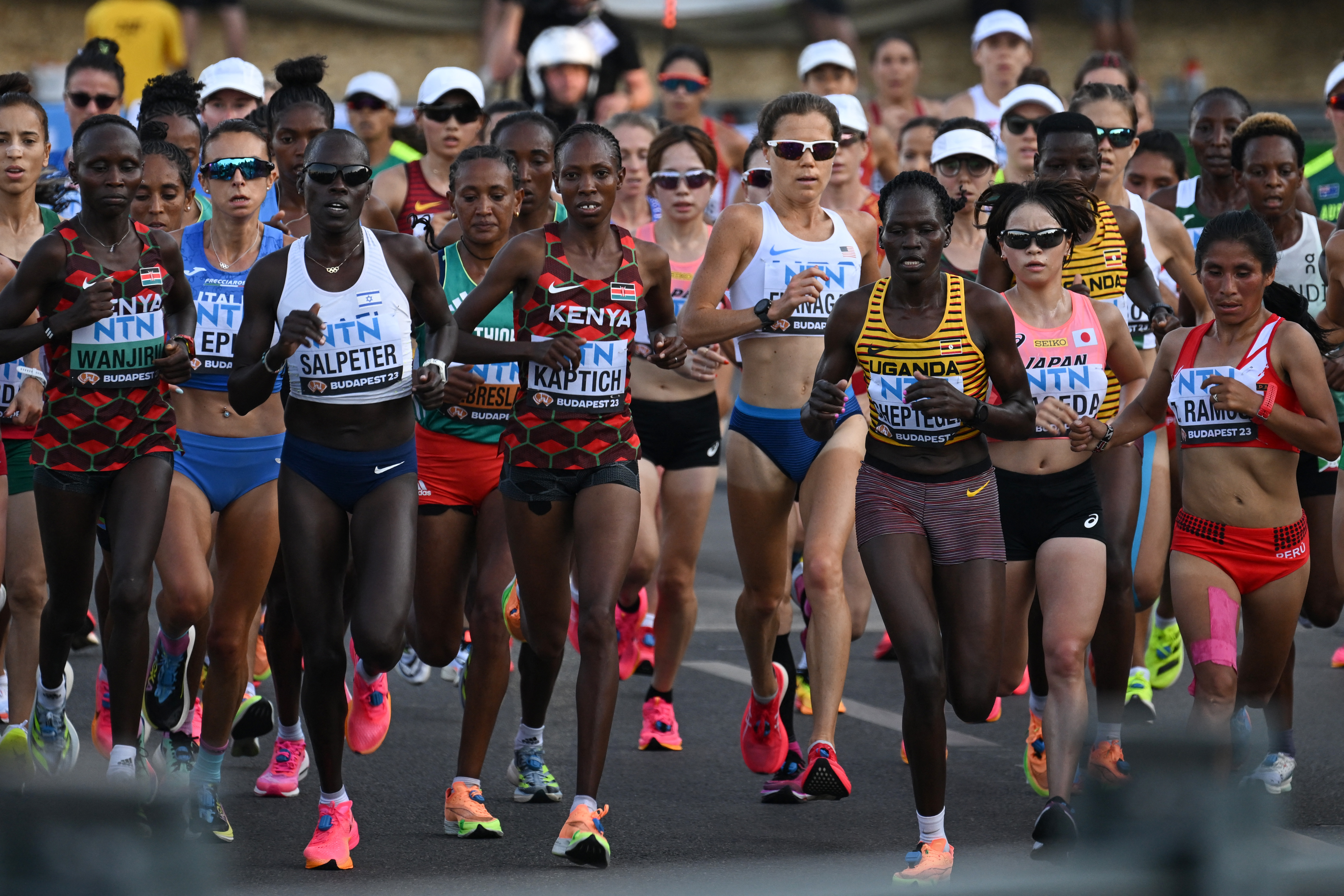 Rebecca Cheptegei and fellow athletes competing in the Womens Marathon Final during the World Athletics Championships in Budapest on August 26, 2023. | Source: Getty Images